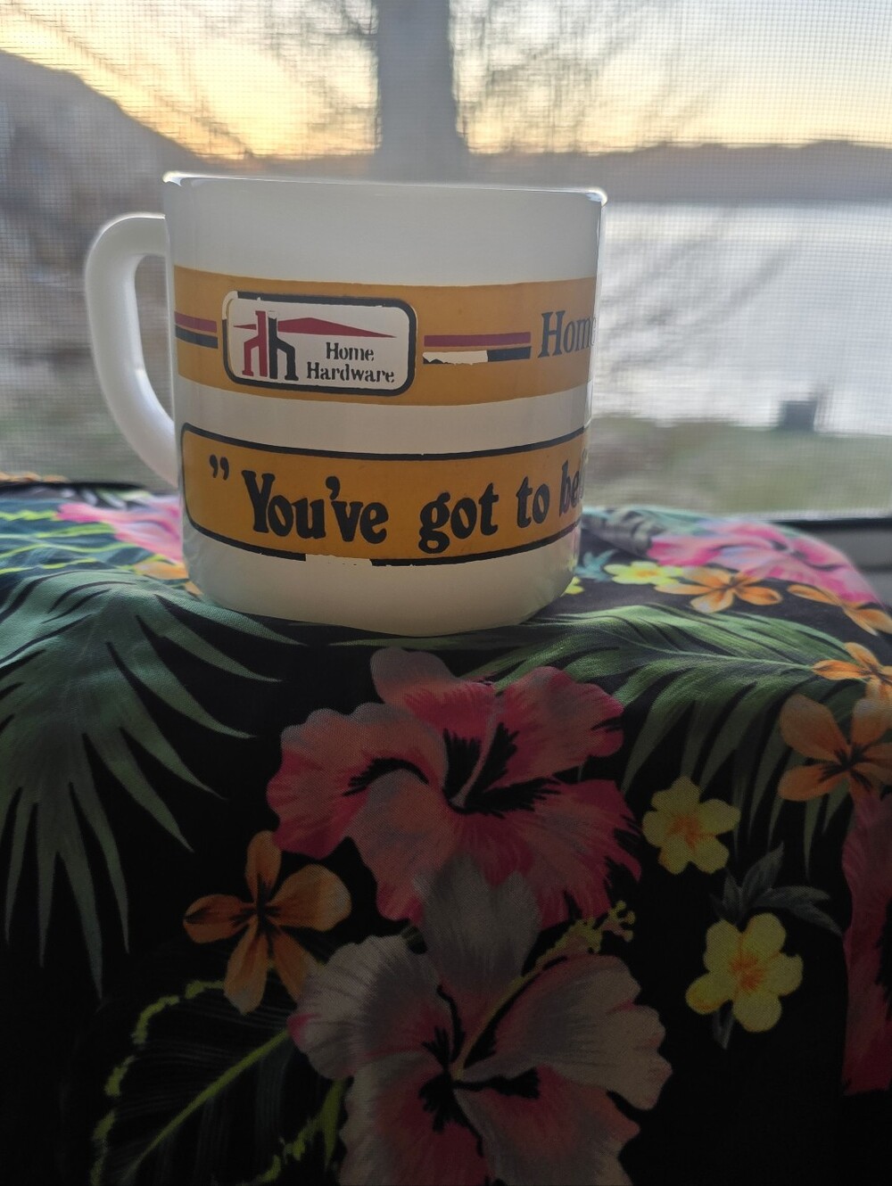 Vintage milk glass mug featuring the Home Hardware logo